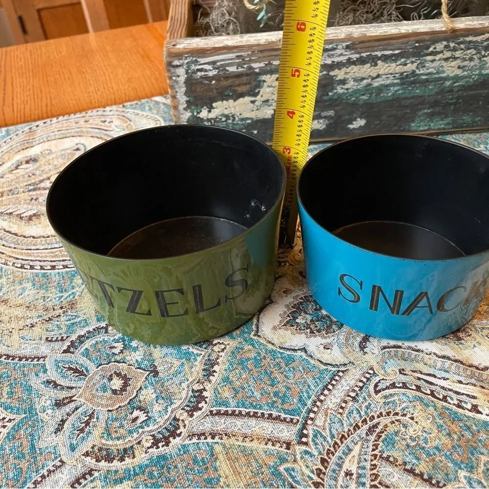 Mid Century Melamine Pretzel & Snack Bowls Green Blue Black Set of 2 1970s
